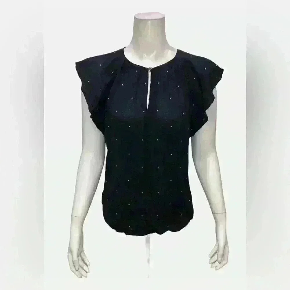Vince Camuto Womens Navy Soho Pin Dot Flutter Sleeve Elegant Keyhole Top XS